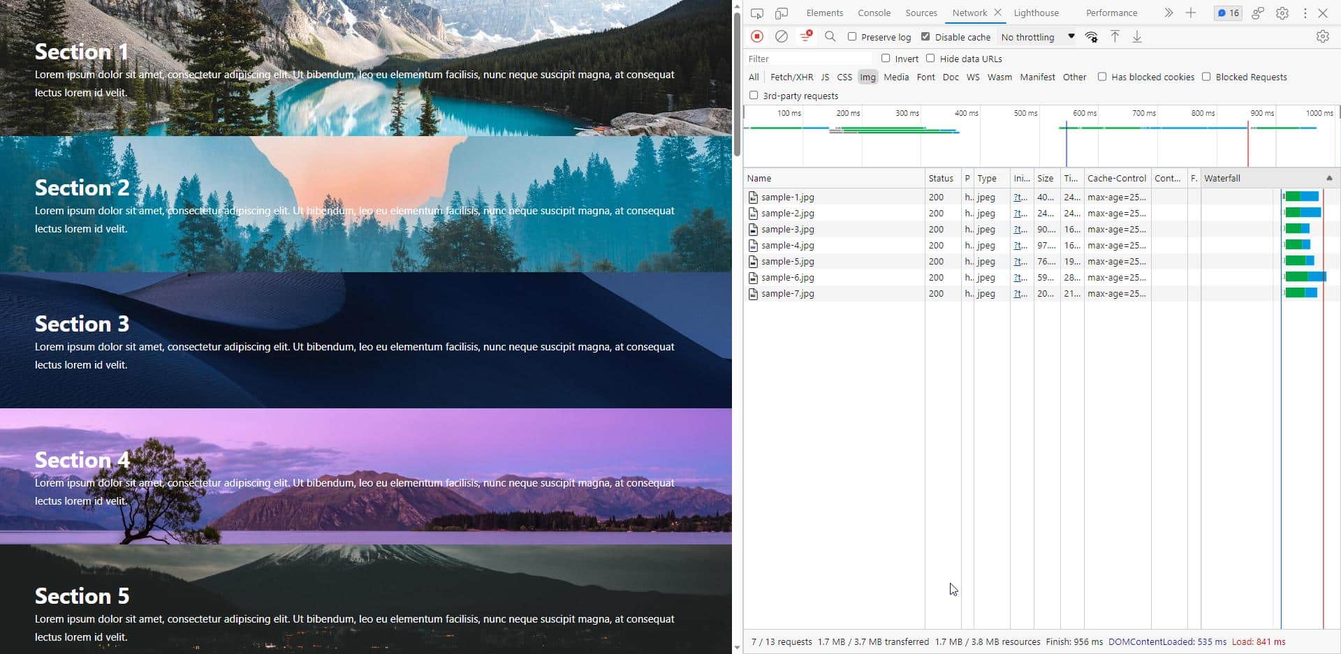 Liste des images de backgrounds incluses sur notre page après le test - Onglet Chrome “Réseau”