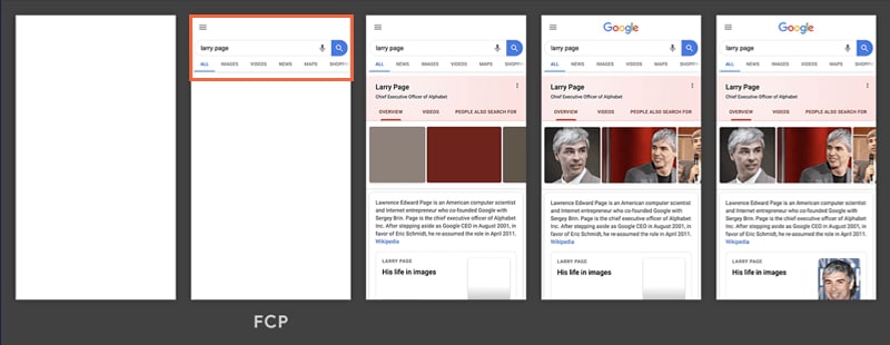 FCP occurs in the second frame and itās marked by an orange box (Source: Google)