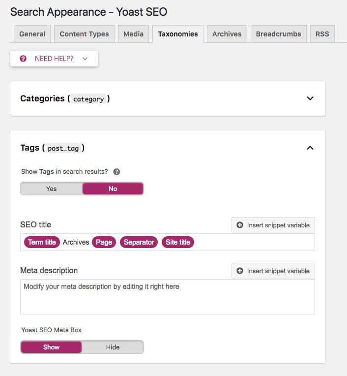 noindex settings on yoast plugin