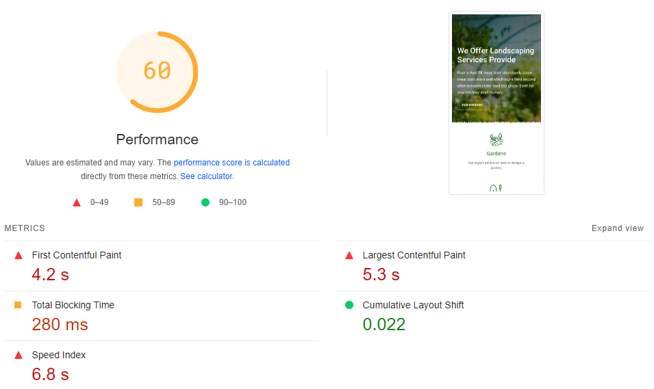 PageSpeed Insights result without WP Rocket