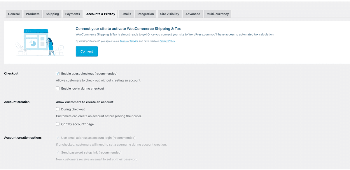 Accounts & Privacy tab - Source: WooCommerce dashboard