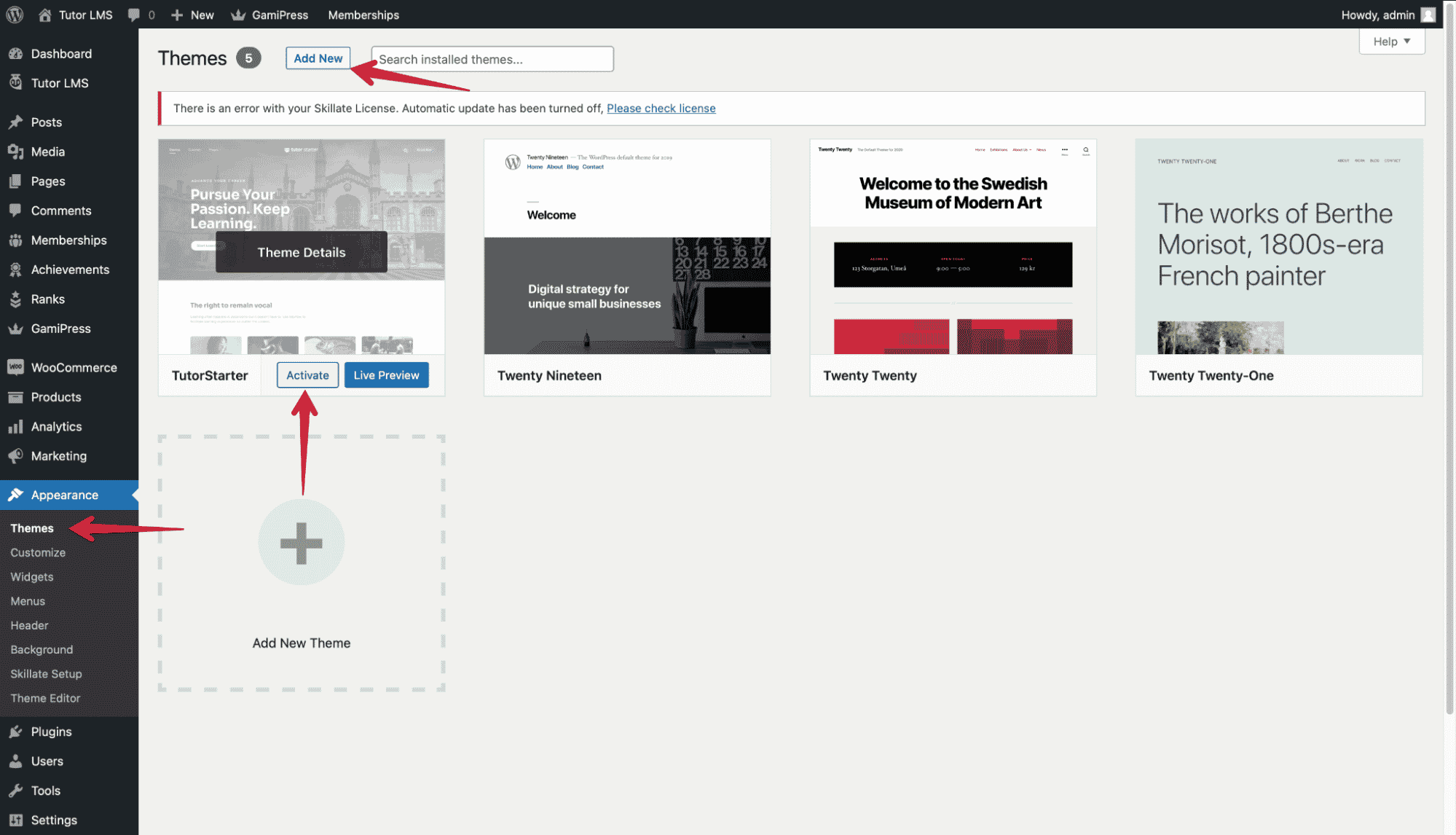 Activating Tutor Starter theme