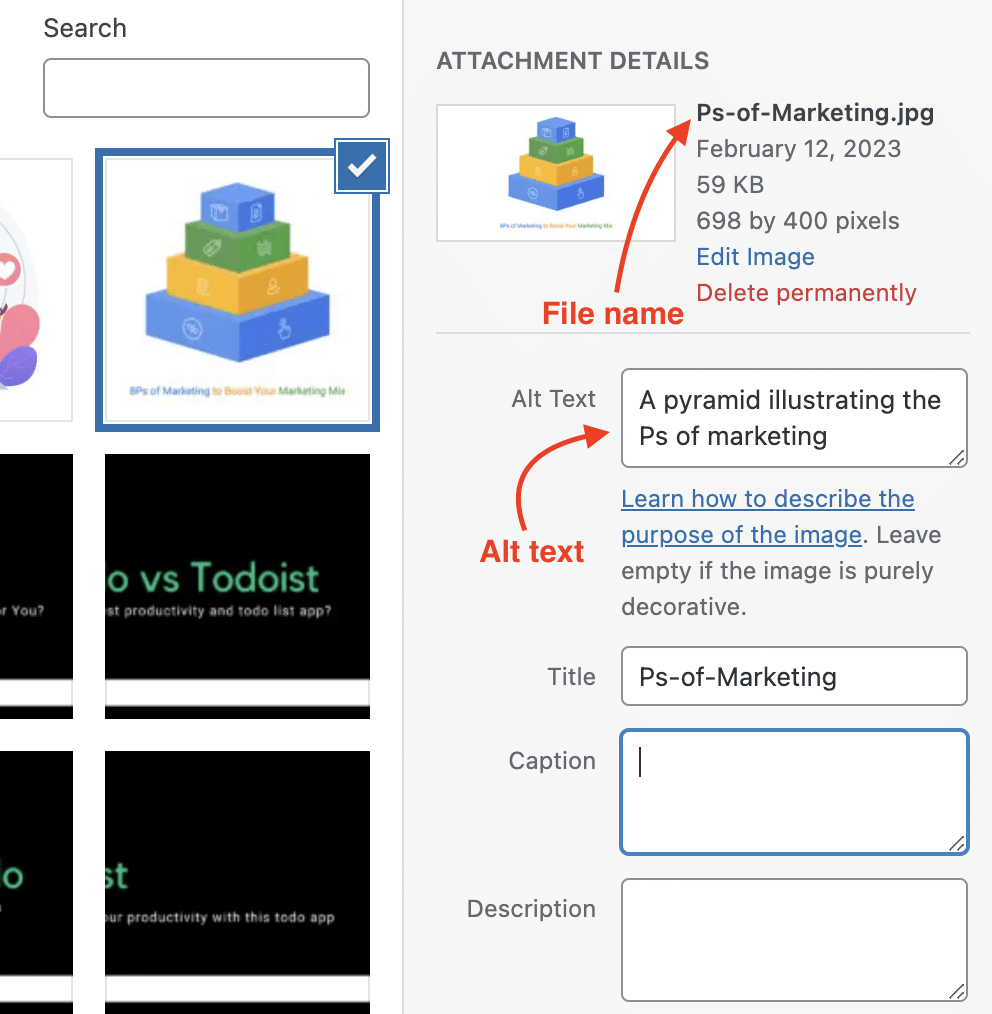Remember to rename the image before uploading and add a descriptive Alt Text in WordPress