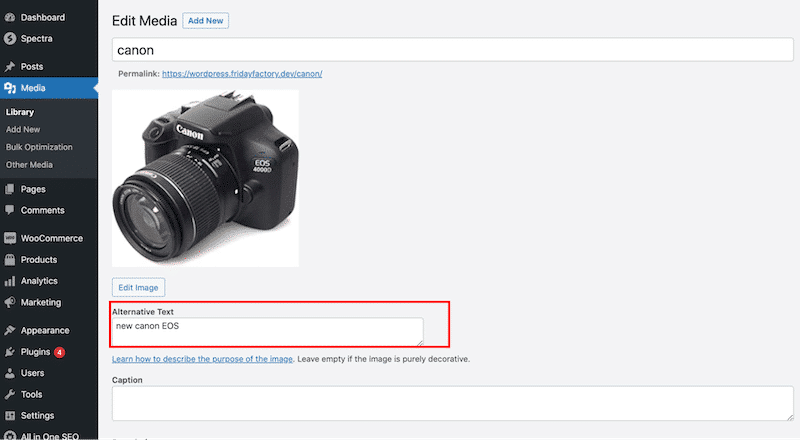 Adding alt-tag on product images in WooCommerce - Source: The WordPress admin