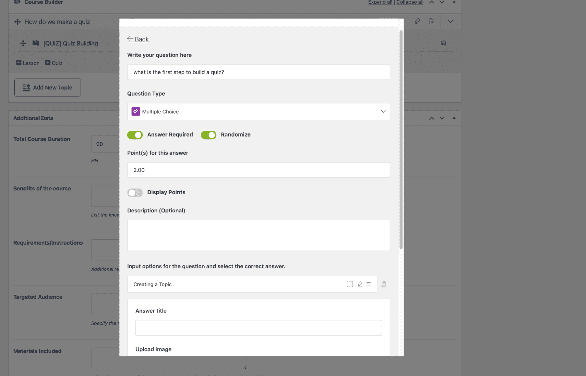 Adding questions to a quiz