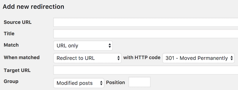 Adding redirection from WordPress - Source: Redirection