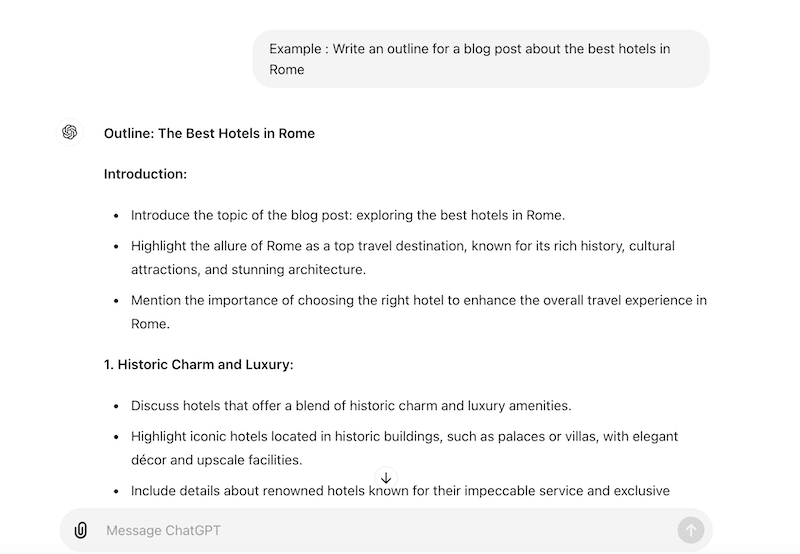 An example of an outline generated by ChatGPT - Source: ChatGPT resources