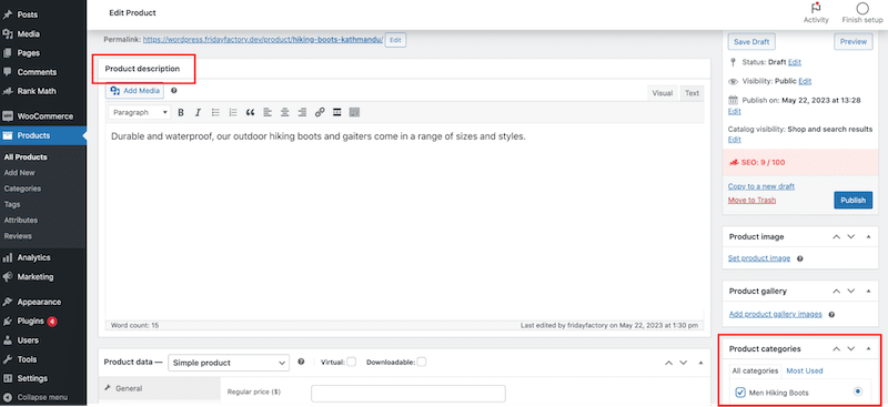 Assigning the category to a WooCommerce product - Source: The WordPress admin