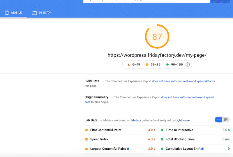 Beaver Builder mobile score: 87/100 - Source: PSI