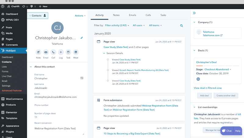 Built-in CRM and emailing inside WordPress - Source: Hubspot