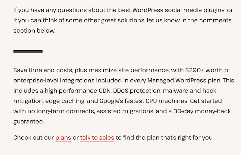 “Check out our plans or talk to sales” call to action - Source: Kinsta