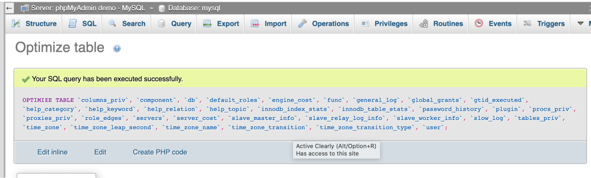 Clean up database’s confirmation message - Source: phpMyAdmin