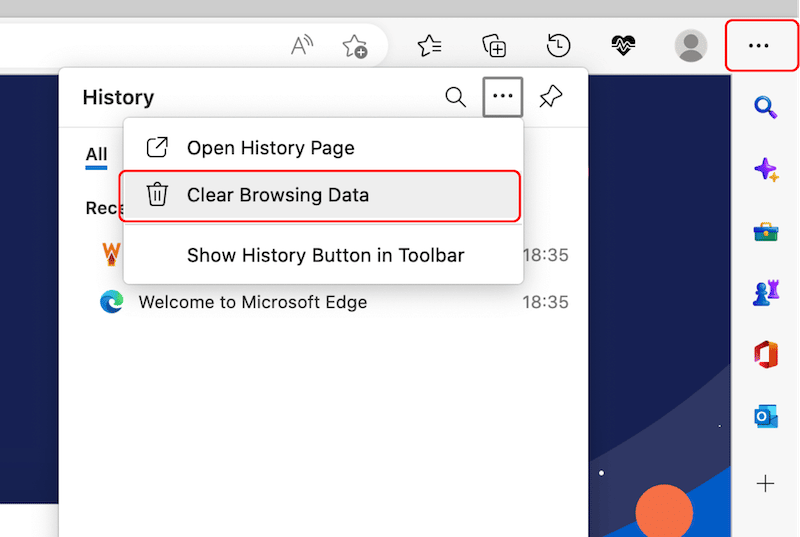 Clearing cache and cookies on Microsoft Edge - Step 1 - Source: Microsoft Edge