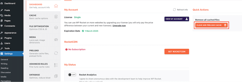 Clearing WordPress cache easily - Source: WP Rocket