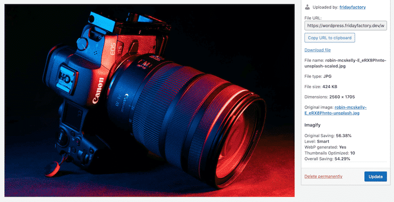 Compressed product image for WooCommerce + WebP conversion - Source: Imagify