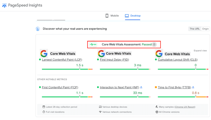 Core Web Vitals (performance and user experience) as ranking factors - Source: PageSpeed Insights.