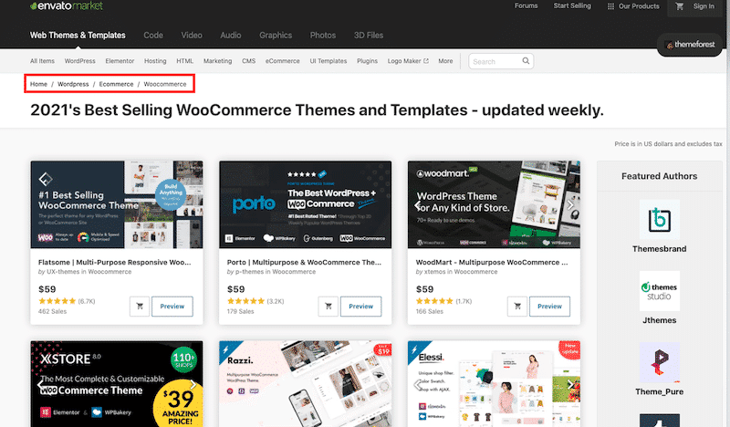 Dedicated WooCommerce section on popular marketplaces like Envato - Source: Envato