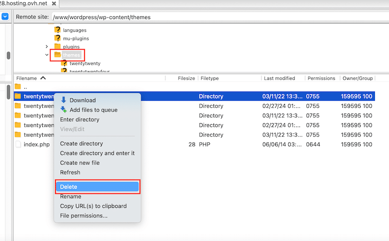 Deleting a theme - Source: FTP