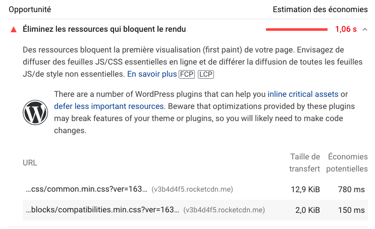 Diagnostic des ressources bloquant le rendu - Source : PSI