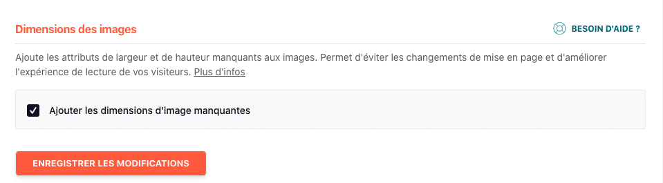 Dimensions des images - Tableau de bord de WP Rocket (onglet Médias)