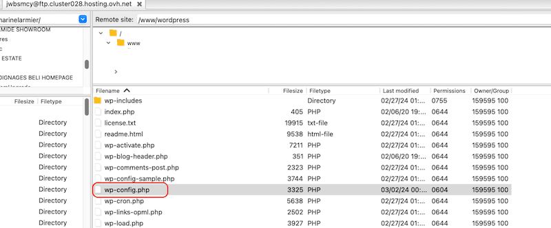 Editing the wp-config.php file - Source: FTP