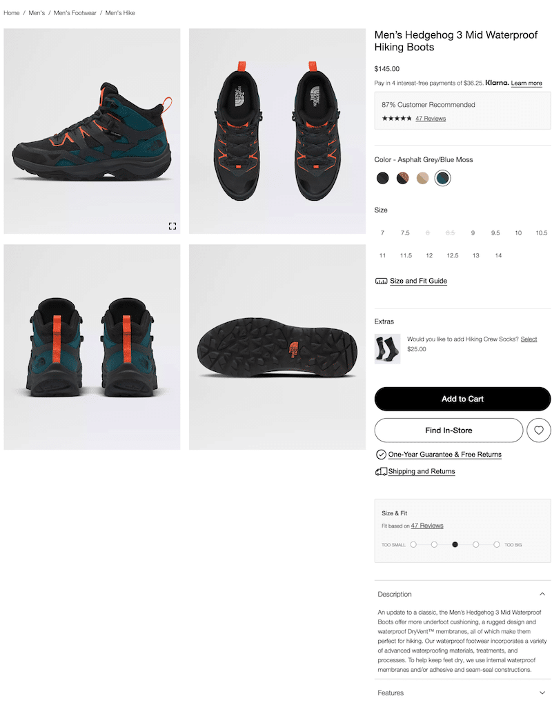 Efficient product page you can use to compare with yours - Source: The North Face