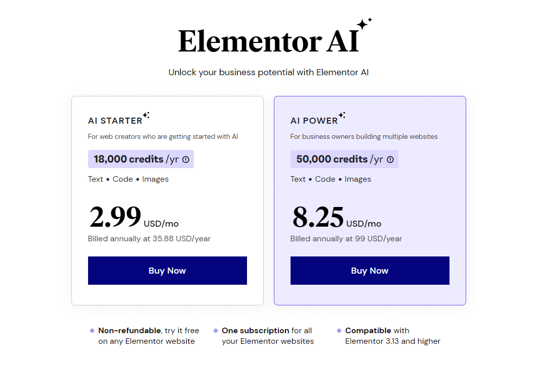 Elementor AI pricing options – Source: Elementor AI