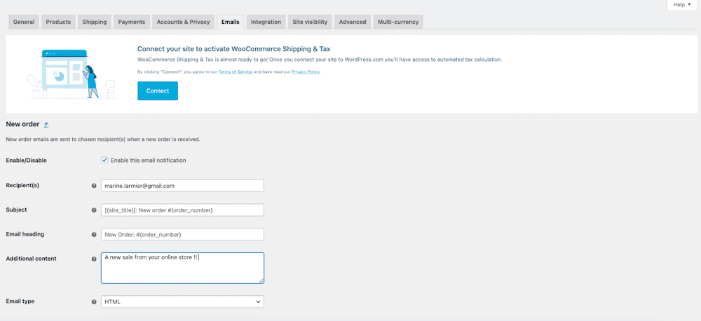 Emails tab - Source: WooCommerce dashboard