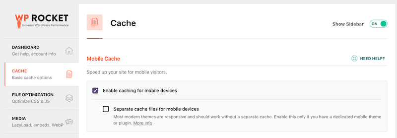 Enabling cache for mobile devices - Source: WP Rocket’s dashboard