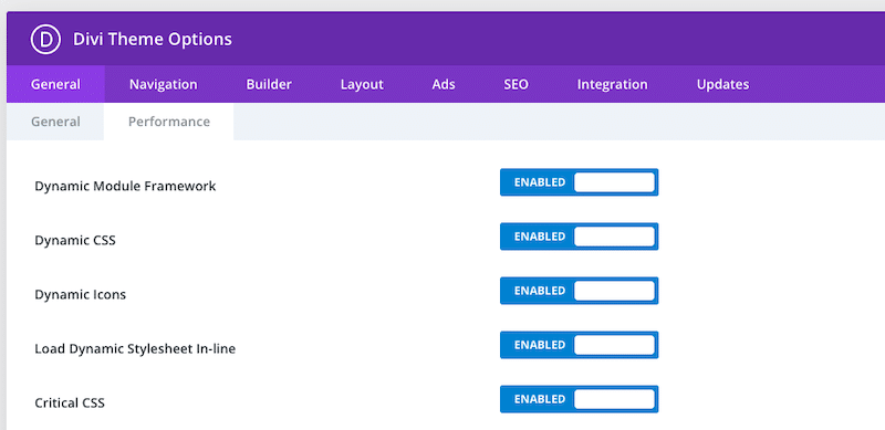 Enabling CSS optimization settings - Source: Divi Builder
