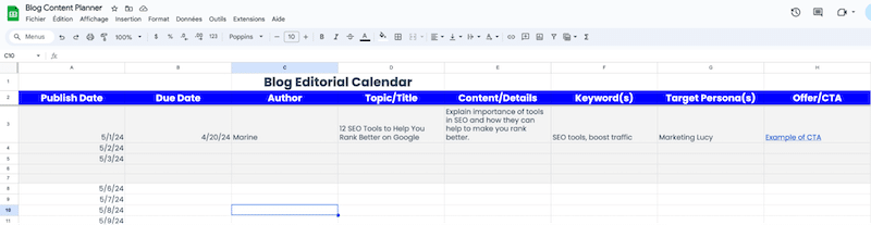 Example of a blog editorial calendar - Source: WP Rocket