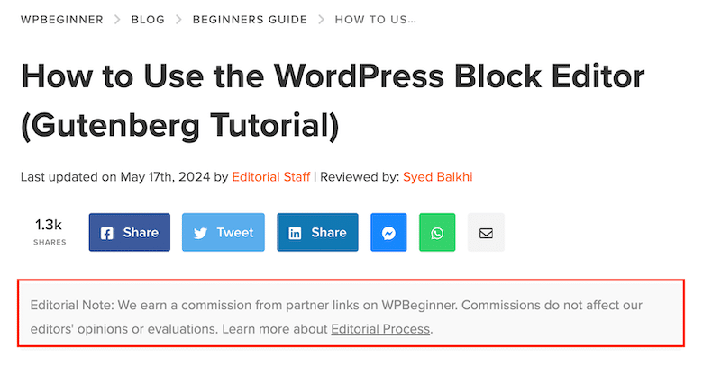 Example of a blog post with affiliate links - Source: WPBeginner