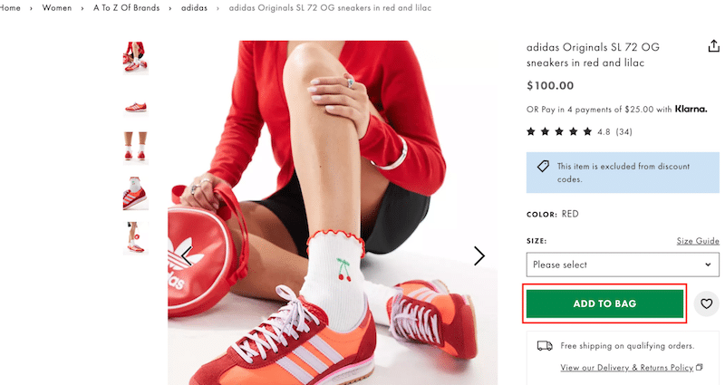 Example of a CTA that stands out in green - Source: Asos