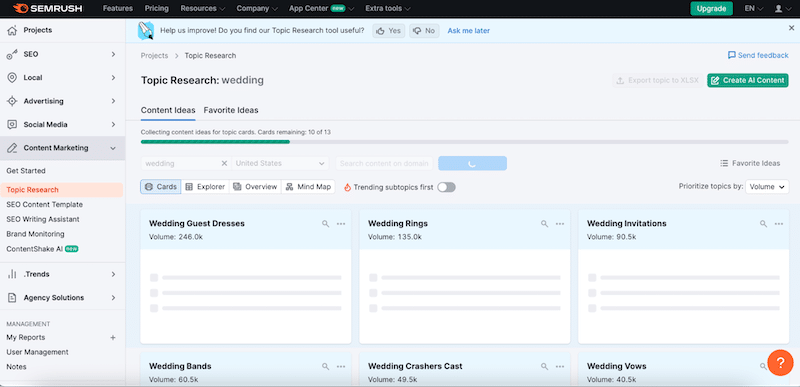 Example of a topic research around “wedding” - Source: Semrush