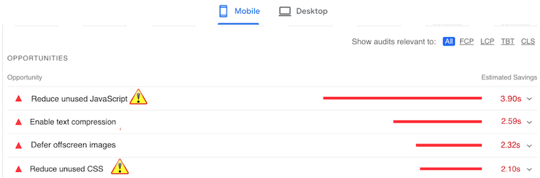 Example of code-related warnings from PageSpeed Insights - Source: PageSpeed Insights