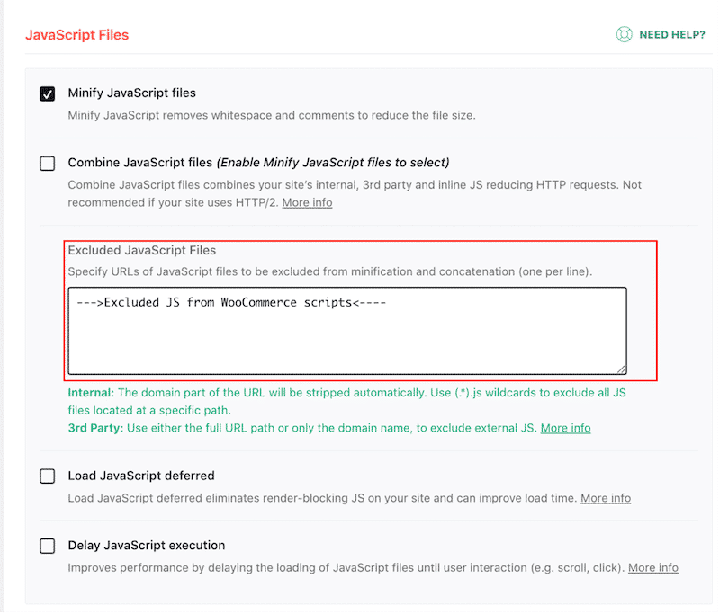 Example of JS optimization (and exclusion option) with WP Rocket - Source: WP Rocket