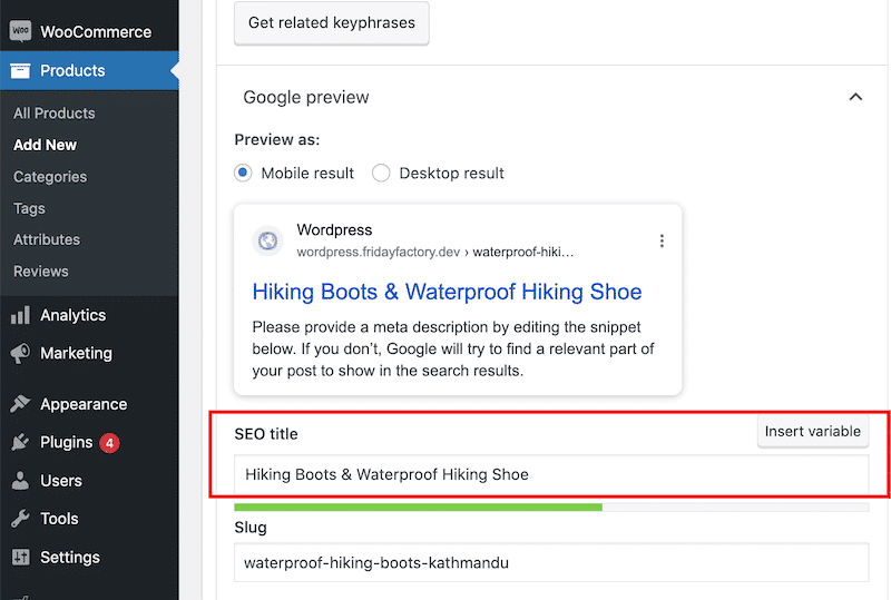 Example of optimized title tags with WooCommerce and Yoast SEO - Source: Yoast SEO