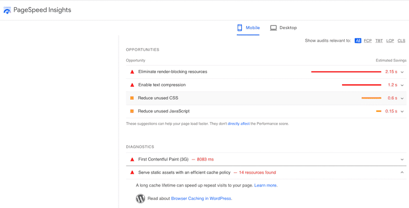 Example of performance recommendations made by Lighthouse - Source: PSI