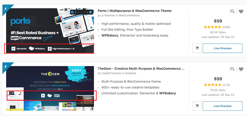 Example of popular themes bundling Elementor - Source: Themeforest