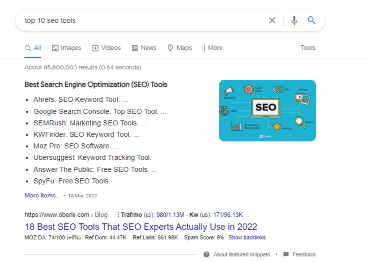 Featured snippet on Google SERP.