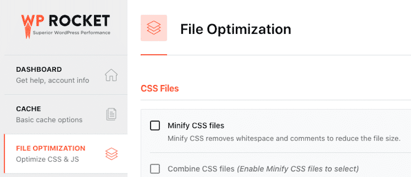 File Optimization tab - Source: The WP Rocket’s dashboard