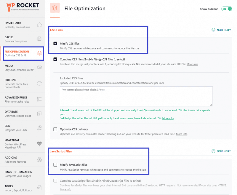 File optimization tab - Minifying CSS and JS files