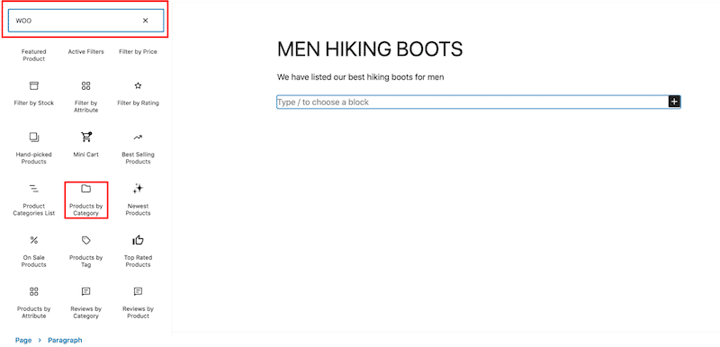 Filtering my products by category using WooCommerce block to create my CLP (custom listing product page) - Source: The WordPress admin