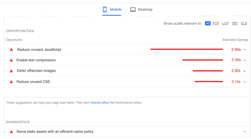 Flagged issues for WPBakery - Source: PageSpeed Insights