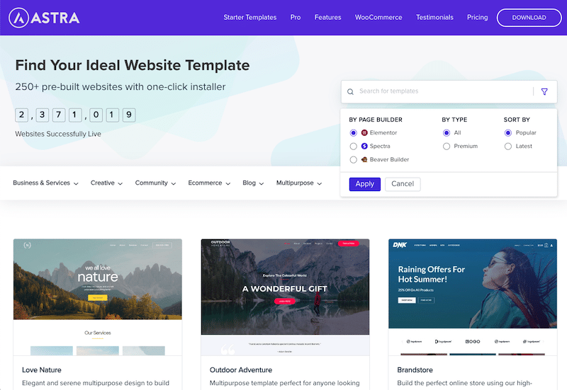 Free themes with page builders (starter templates) - Source: Astra