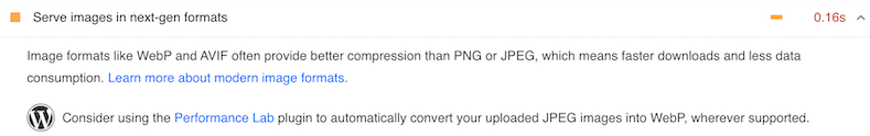 Google’s recommendation: Serve images in next-gen formats - Source: PageSpeed Insights