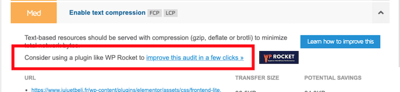 GTmetrix recommending WP Rocket to enable text compression - Source: GTmetrix