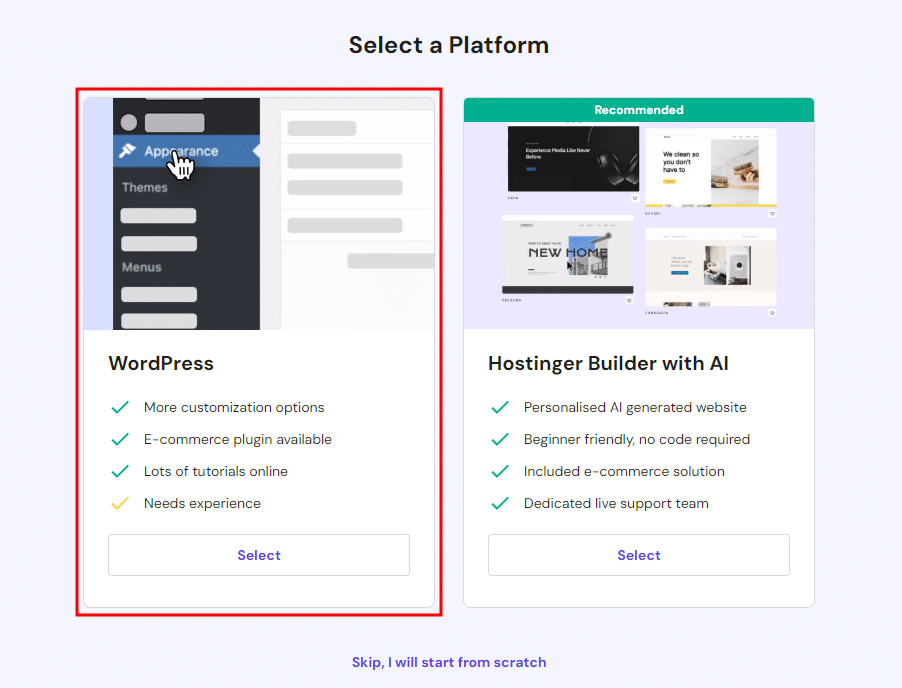 Hostinger Platform Selection – Source: Own screenshot