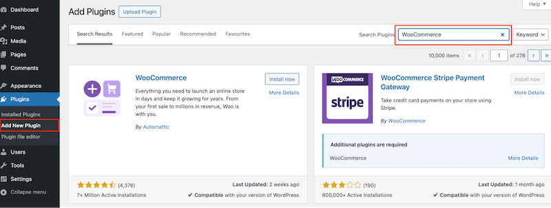 Installing WooCommerce - Source: The WordPress dashboard
