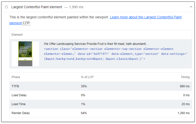 LCP audit after being optimized with WP Rocket 3.16